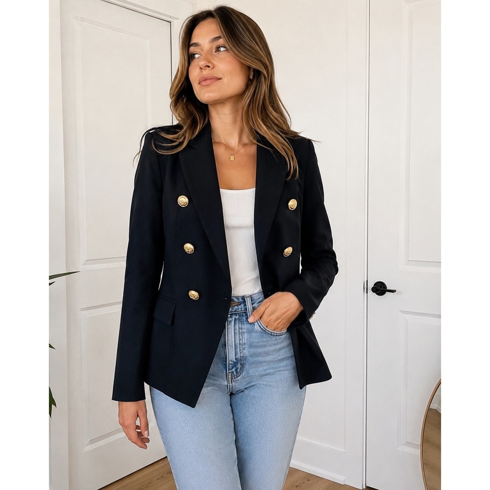 Attitude Unknown Blazer Navy Blue Gold Button Double Breasted Sz S Office Career